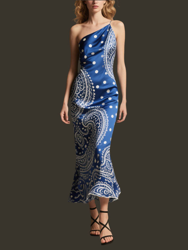 Blue One Shoulder Paisley Polka Dot Midi Dress Women's Elegant Party Dress