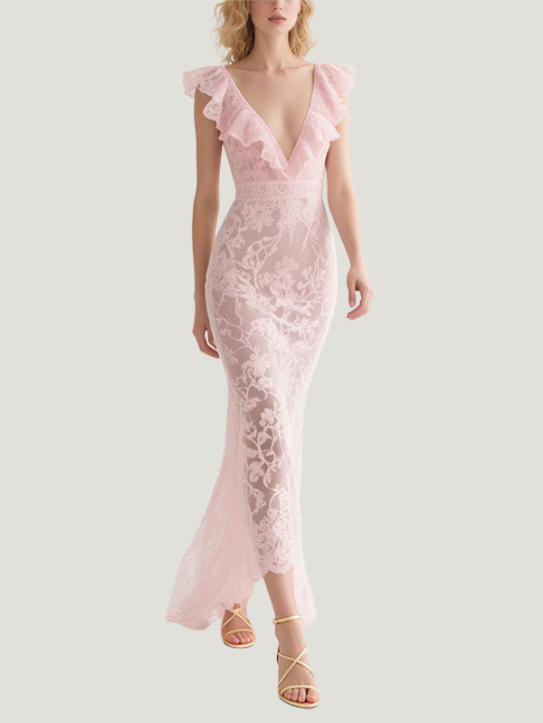 Pink V-neck Lace Gown Ruffled High Low Hem