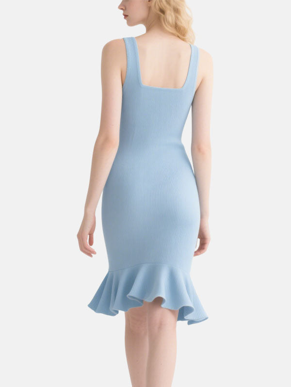 Light Blue Square Neck Ribbed Midi Dress with Ruffle Hem