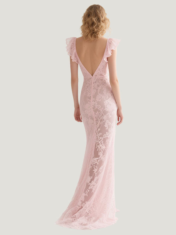 Pink V-neck Lace Gown Ruffled High Low Hem