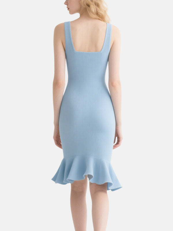 Light Blue Square Neck Ribbed Midi Dress with Ruffle Hem