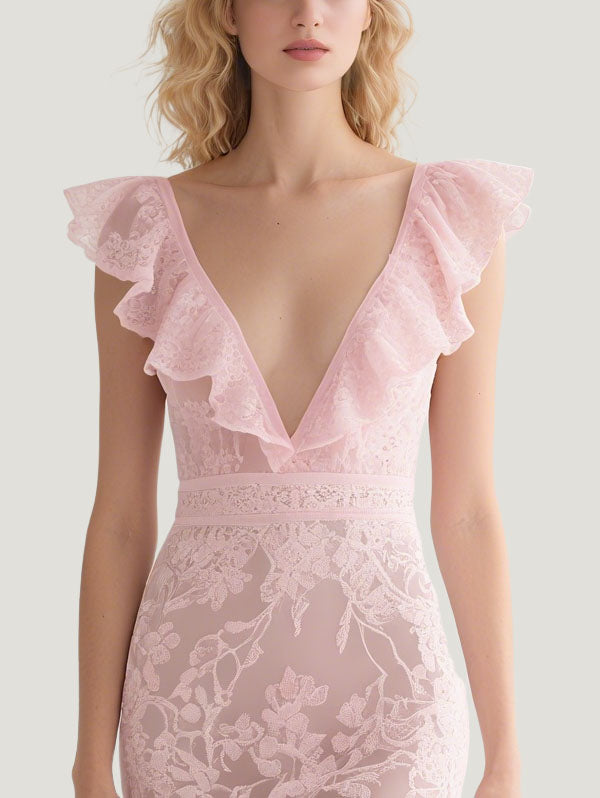 Pink V-neck Lace Gown Ruffled High Low Hem