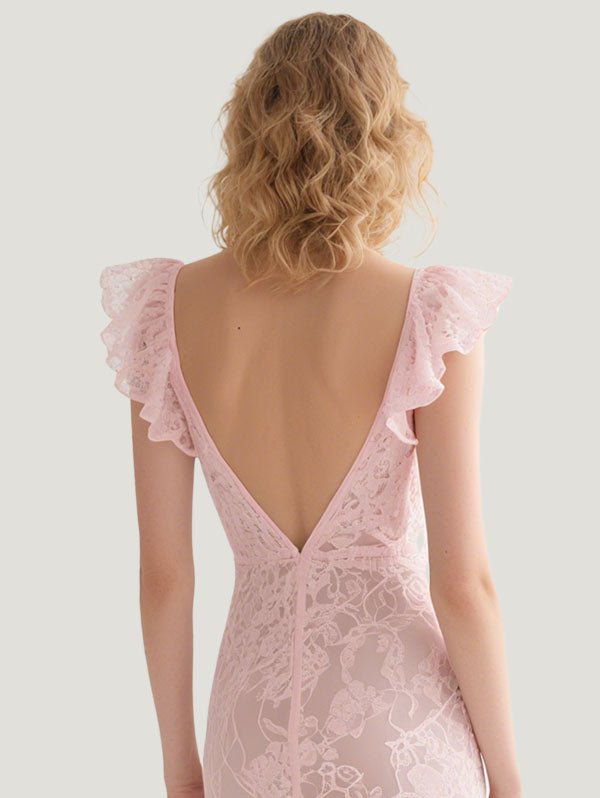 Pink V-neck Lace Gown Ruffled High Low Hem