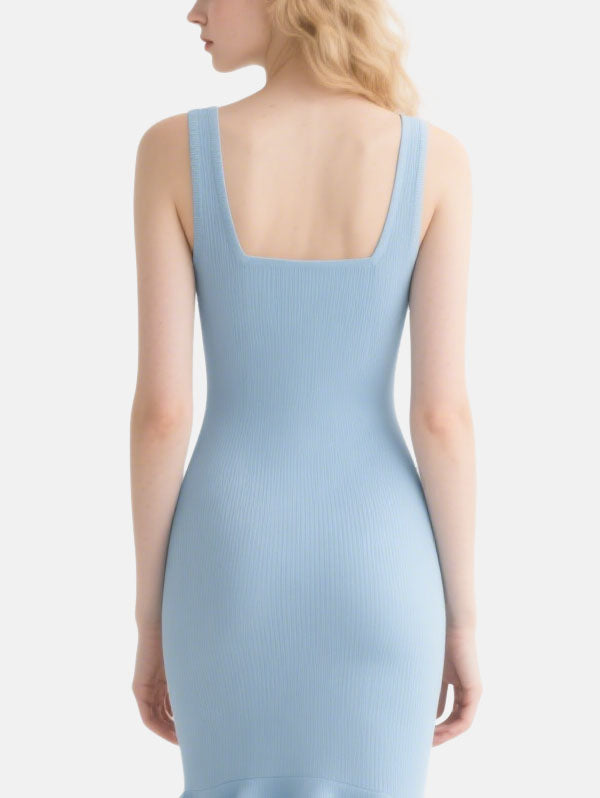 Light Blue Square Neck Ribbed Midi Dress with Ruffle Hem