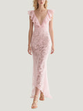 Pink V-neck Lace Gown Ruffled High Low Hem