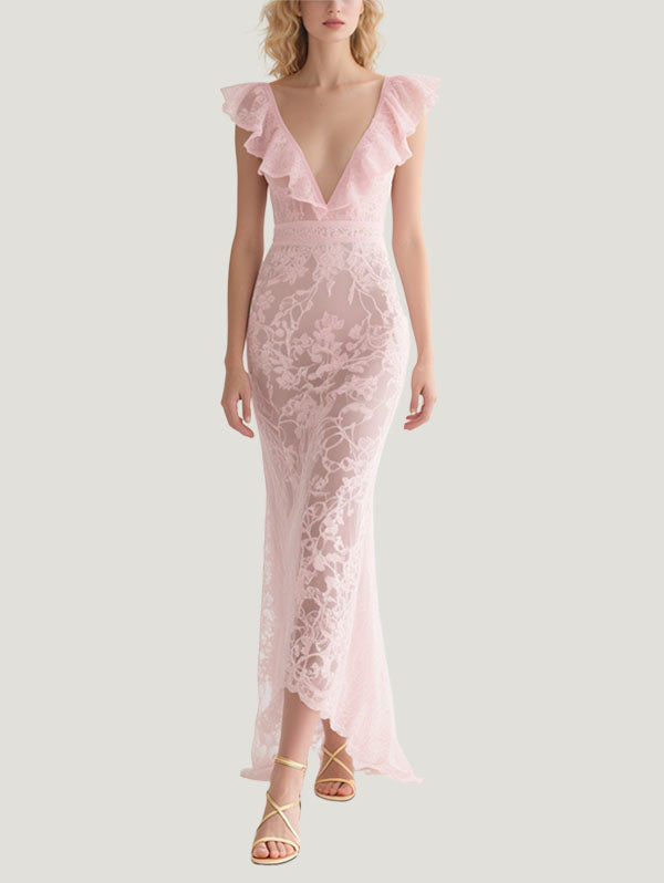 Pink V-neck Lace Gown Ruffled High Low Hem