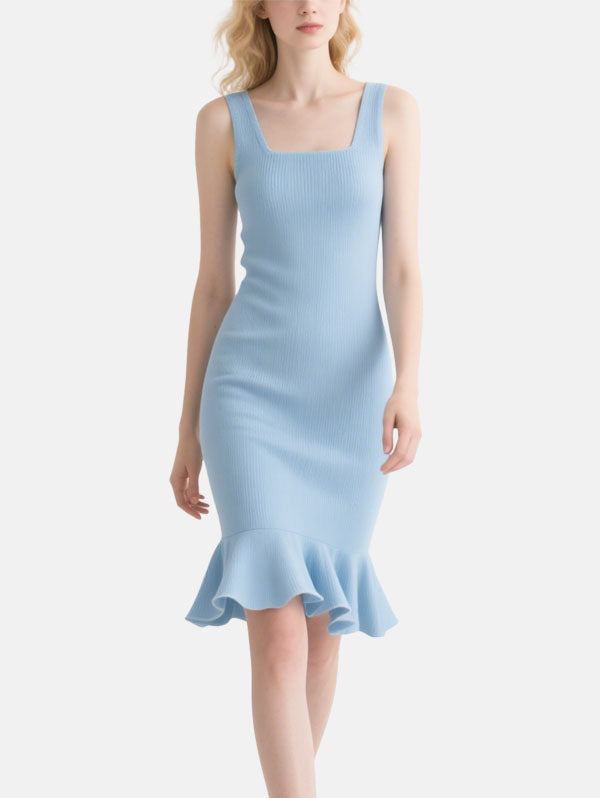 Light Blue Square Neck Ribbed Midi Dress with Ruffle Hem
