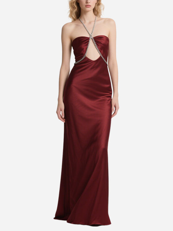Burgundy Satin Strapless Maxi Dress Diamond Linked Cut Out Dress