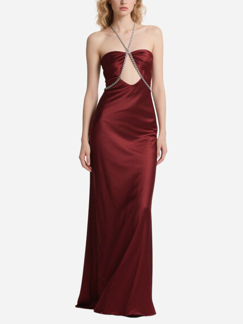Burgundy Satin Strapless Maxi Dress Diamond Linked Cut Out Dress
