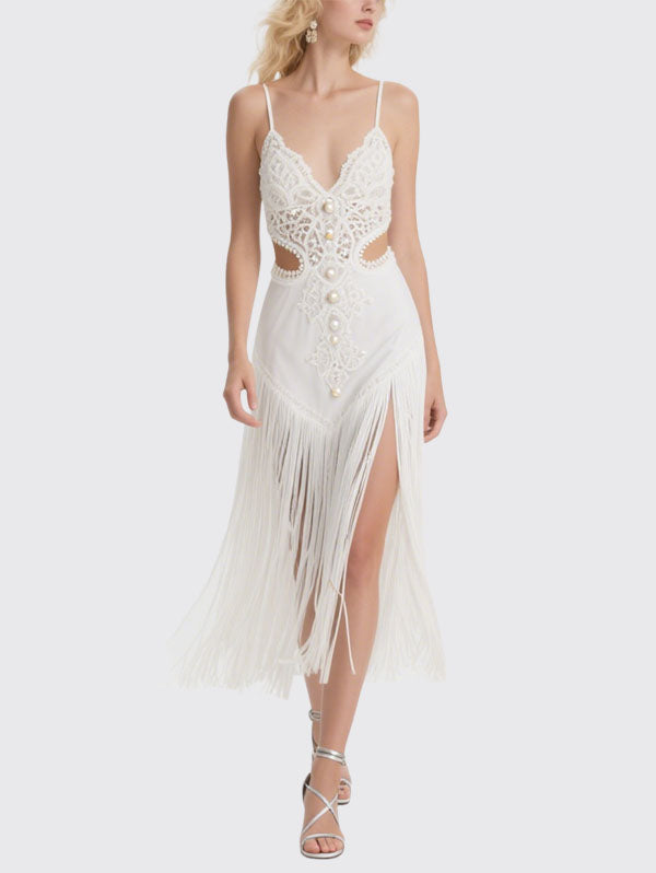 White Crochet Fringe Cut Out Slip Maxi Dress Women's Boho Party Wear