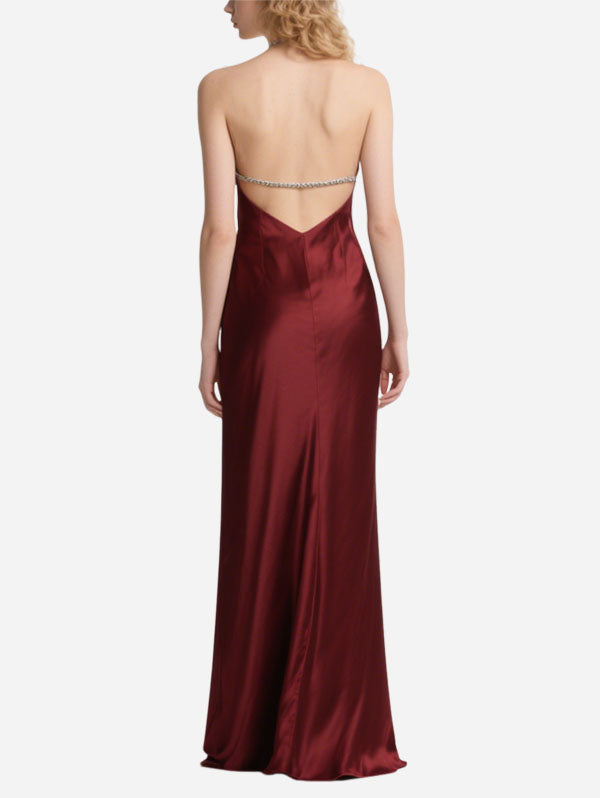 Burgundy Satin Strapless Maxi Dress Diamond Linked Cut Out Dress