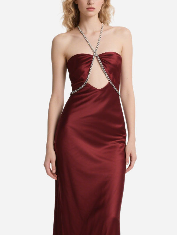 Burgundy Satin Strapless Maxi Dress Diamond Linked Cut Out Dress