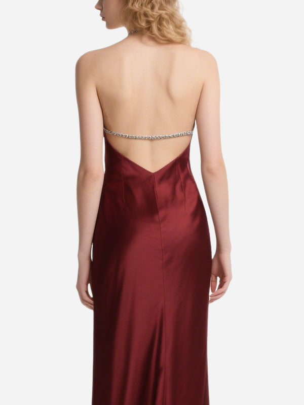 Burgundy Satin Strapless Maxi Dress Diamond Linked Cut Out Dress