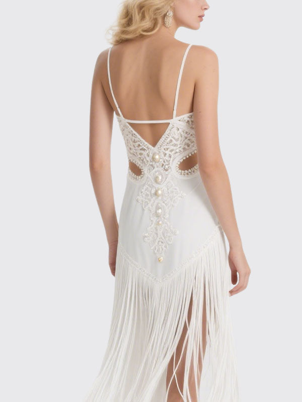 White Crochet Fringe Cut Out Slip Maxi Dress Women's Boho Party Wear