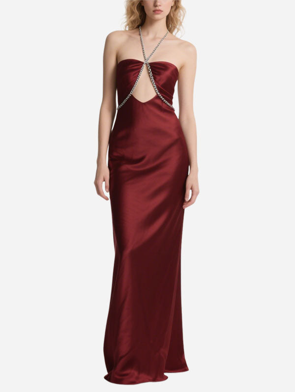 Burgundy Satin Strapless Maxi Dress Diamond Linked Cut Out Dress