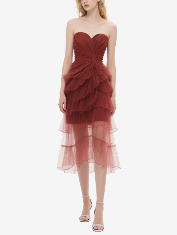 Burgundy Strapless Ruffled Tulle Midi Dress Women's Romantic Event Outfit