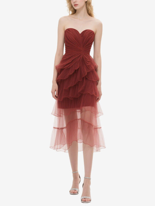 Burgundy Strapless Ruffled Tulle Midi Dress Women's Romantic Event Outfit