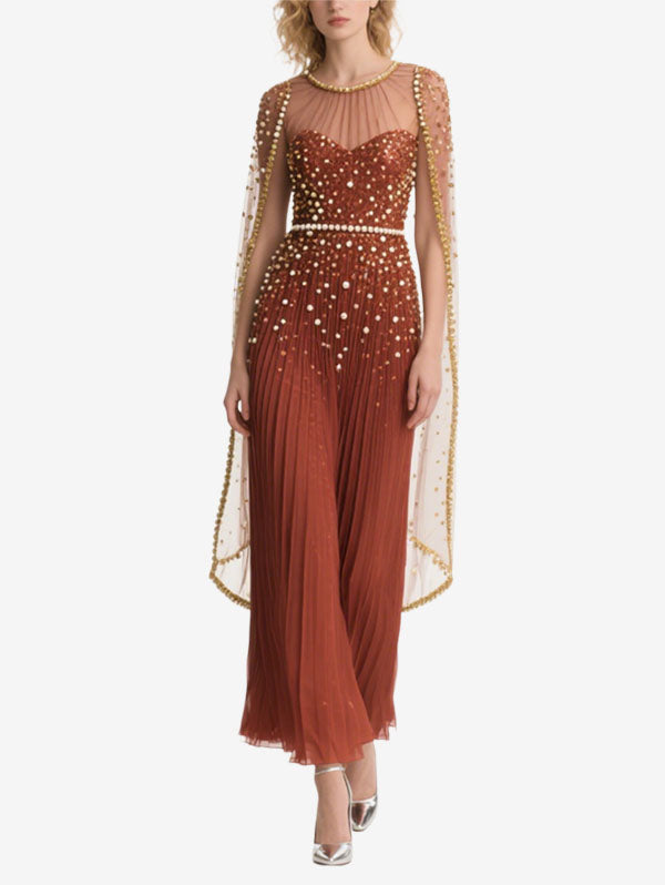 Rust Colored Beaded Tulle Gown with Sheer Cape Sleeves