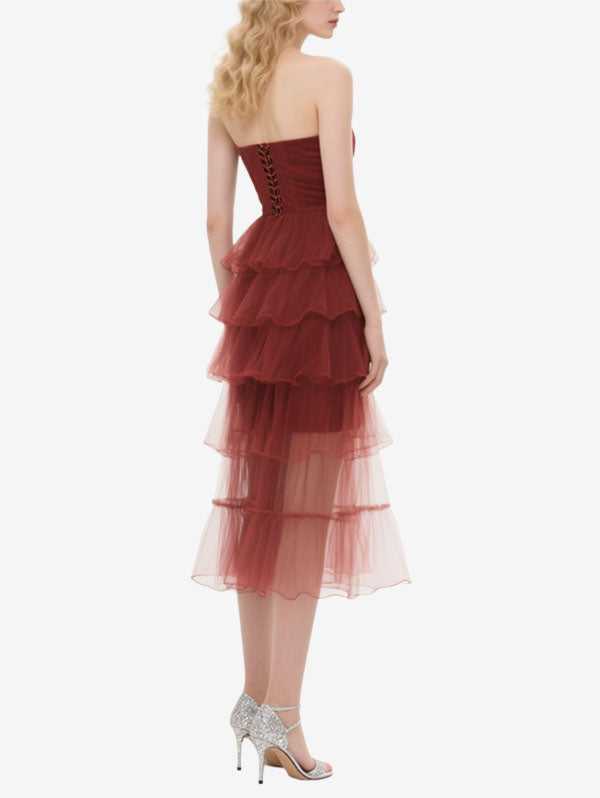 Burgundy Strapless Ruffled Tulle Midi Dress Women's Romantic Event Outfit