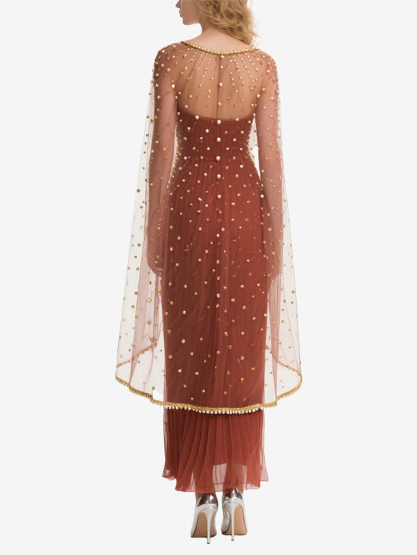Rust Colored Beaded Tulle Gown with Sheer Cape Sleeves