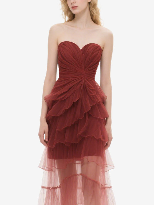 Burgundy Strapless Ruffled Tulle Midi Dress Women's Romantic Event Outfit