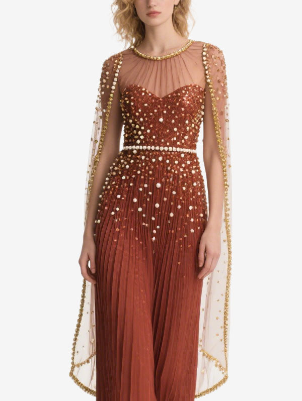 Rust Colored Beaded Tulle Gown with Sheer Cape Sleeves