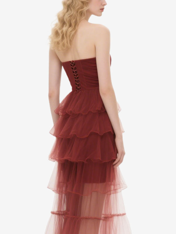 Burgundy Strapless Ruffled Tulle Midi Dress Women's Romantic Event Outfit