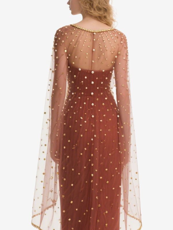 Rust Colored Beaded Tulle Gown with Sheer Cape Sleeves