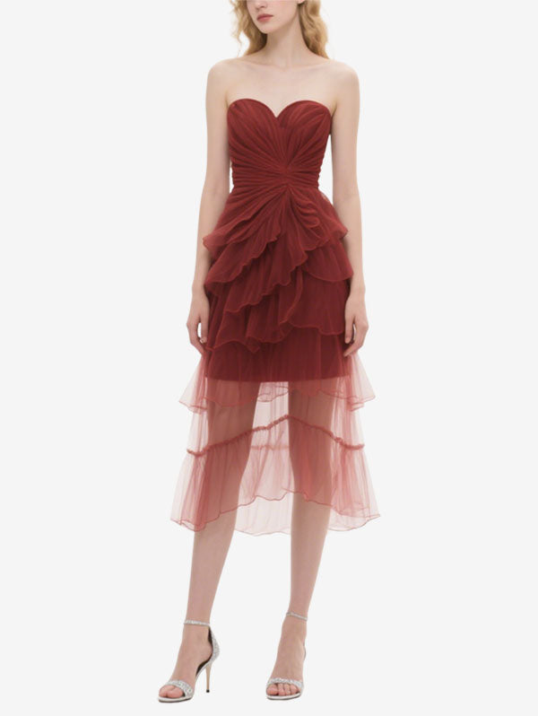 Burgundy Strapless Ruffled Tulle Midi Dress Women's Romantic Event Outfit