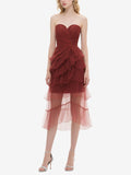 Burgundy Strapless Ruffled Tulle Midi Dress Women's Romantic Event Outfit