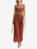Rust Colored Beaded Tulle Gown with Sheer Cape Sleeves