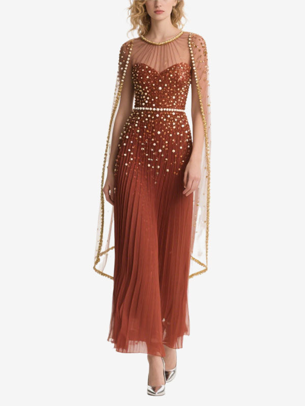 Rust Colored Beaded Tulle Gown with Sheer Cape Sleeves