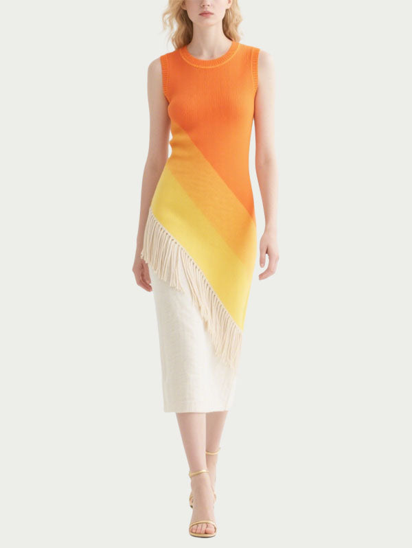 Orange and Yellow Ombre Fringed Midi Dress Women's Summer Dress