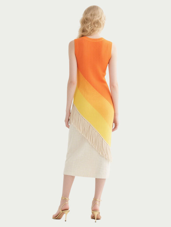 Orange and Yellow Ombre Fringed Midi Dress Women's Summer Dress