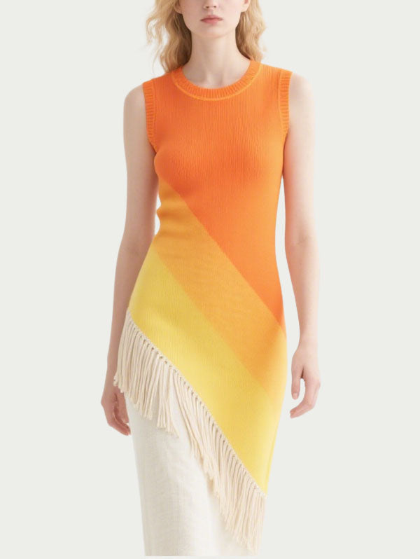 Orange and Yellow Ombre Fringed Midi Dress Women's Summer Dress