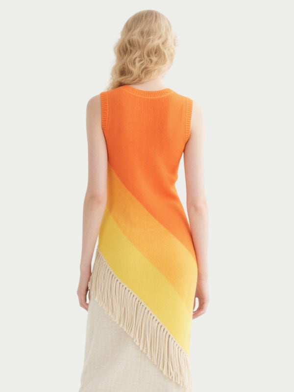 Orange and Yellow Ombre Fringed Midi Dress Women's Summer Dress