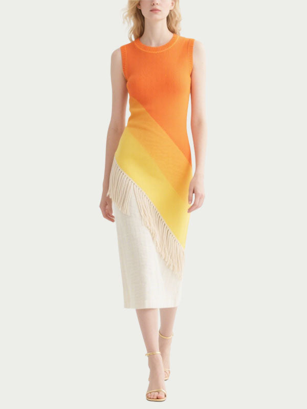 Orange and Yellow Ombre Fringed Midi Dress Women's Summer Dress