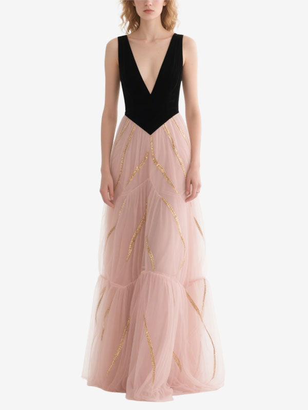 Pink Tulle Tiered Gown with Black Velvet Bodice
