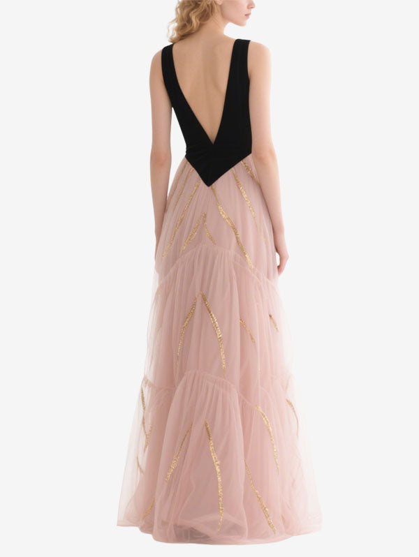 Pink Tulle Tiered Gown with Black Velvet Bodice