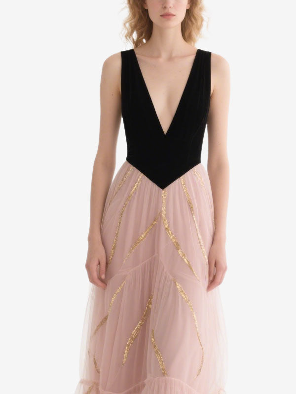 Pink Tulle Tiered Gown with Black Velvet Bodice