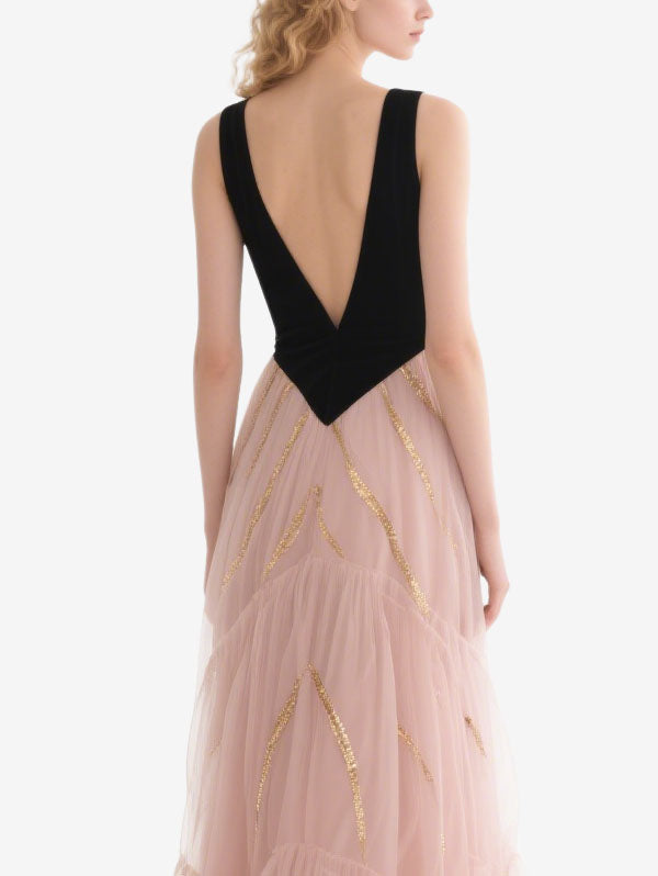 Pink Tulle Tiered Gown with Black Velvet Bodice