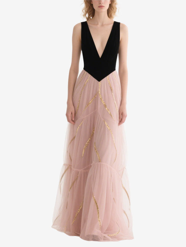 Pink Tulle Tiered Gown with Black Velvet Bodice