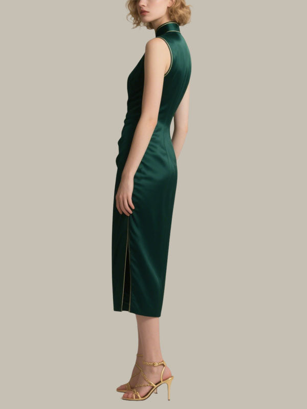 Dark Green Satin Qipao Style Midi Dress Women's Elegant Dress