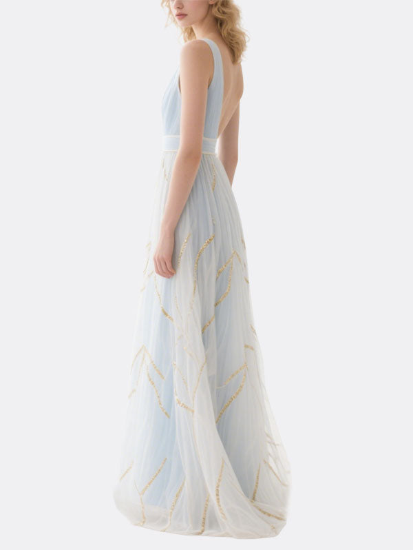 Light Blue Tulle Maxi Dress Deep V-neck Sequined Dress