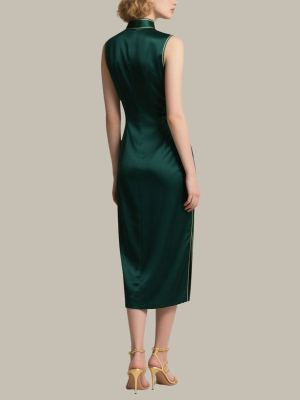 Dark Green Satin Qipao Style Midi Dress Women's Elegant Dress