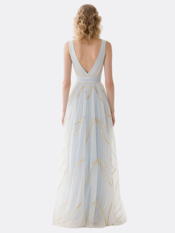 Light Blue Tulle Maxi Dress Deep V-neck Sequined Dress