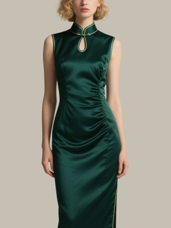 Dark Green Satin Qipao Style Midi Dress Women's Elegant Dress