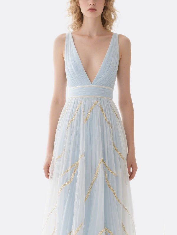 Light Blue Tulle Maxi Dress Deep V-neck Sequined Dress