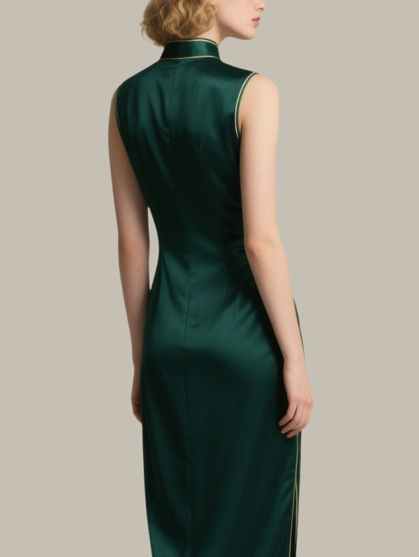 Dark Green Satin Qipao Style Midi Dress Women's Elegant Dress