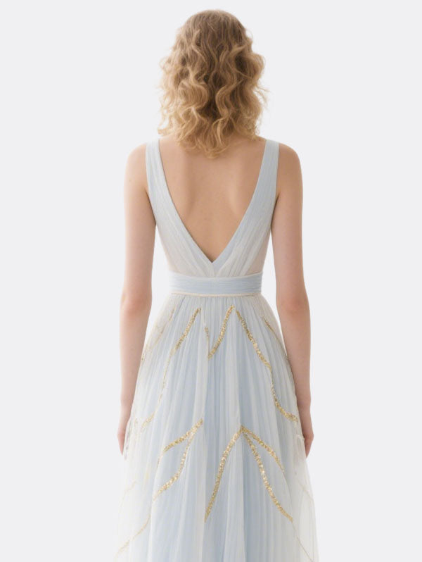 Light Blue Tulle Maxi Dress Deep V-neck Sequined Dress